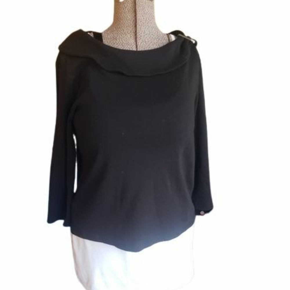 Raffaella Gathered Collar Black Blouse, Sz XL